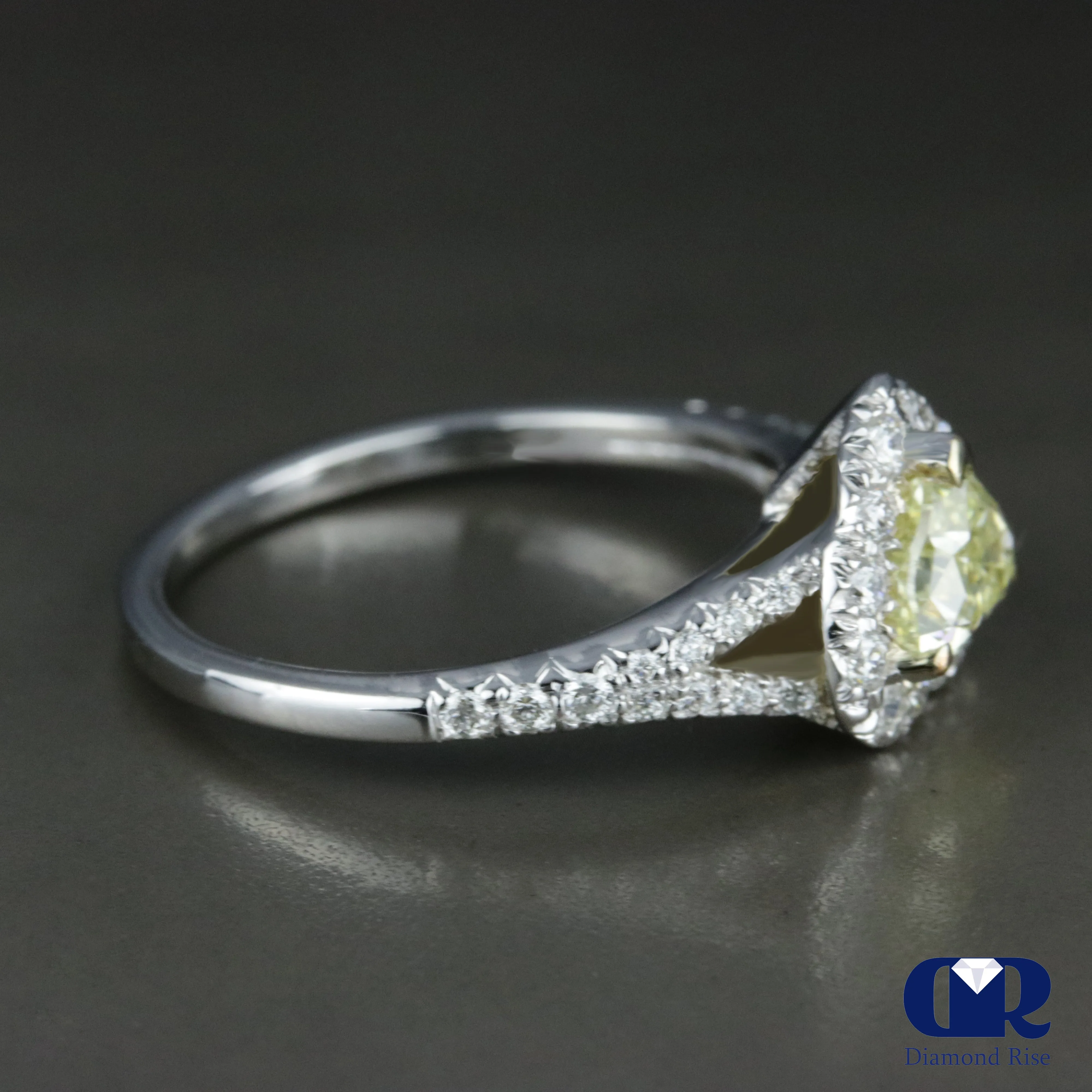 1.02 Heart Cut Fancy Yellow Diamond Halo Engagement Ring 14K White Gold