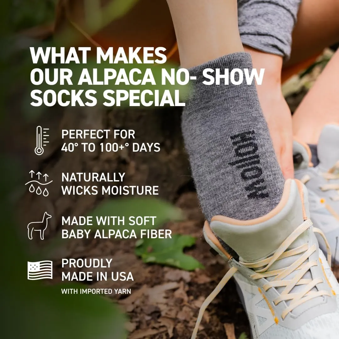 Alpaca No Show Socks for Men and Women, 2 Pack, Moisture Wicking Alpaca Socks for Hiking, Running, Outdoors, Any Season No Show Sock, Temperature Regulating, Light Compression, Large, Grey