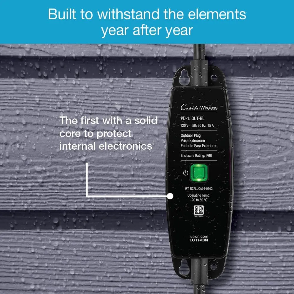 Lutron Caséta Weatherproof  Outdoor Smart Plug On/Off Switch | Works with Alexa, Google Assistant, Ring, Apple HomeKit (Smart hub Required) | for Landscape and String Lighting | PD-15OUT-BL | Black