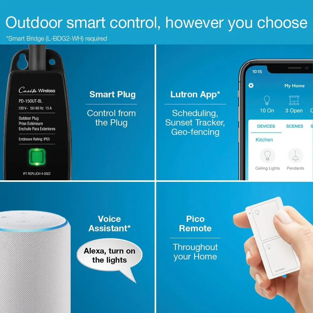 Lutron Caséta Weatherproof  Outdoor Smart Plug On/Off Switch | Works with Alexa, Google Assistant, Ring, Apple HomeKit (Smart hub Required) | for Landscape and String Lighting | PD-15OUT-BL | Black