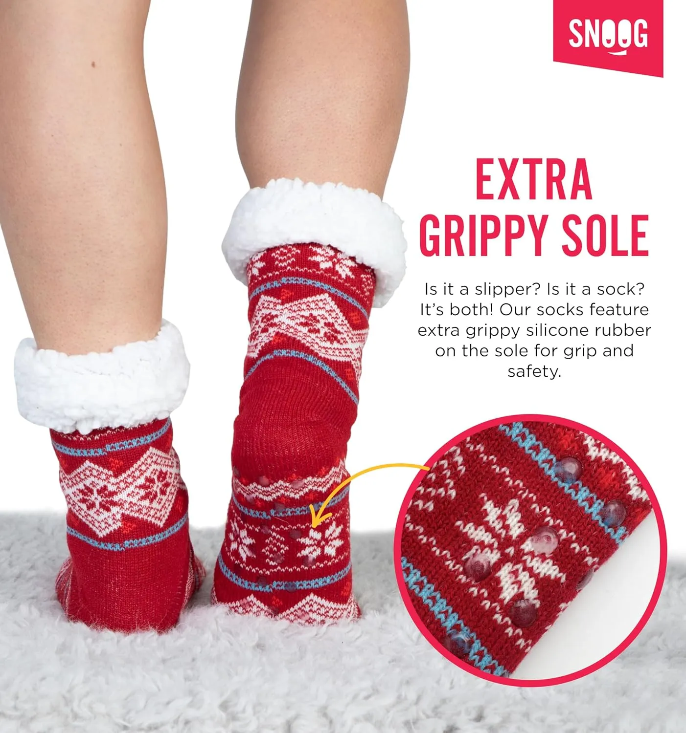 SNOOG Fleece Lined Cozy Slipper Socks with Grippers - Non Slip Fuzzy Cabin Socks