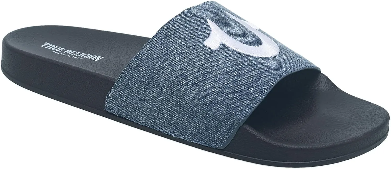 True Religion Men??s Logo Slide Sandals ?C Cushioned Comfort with Bold Horseshoe Strap