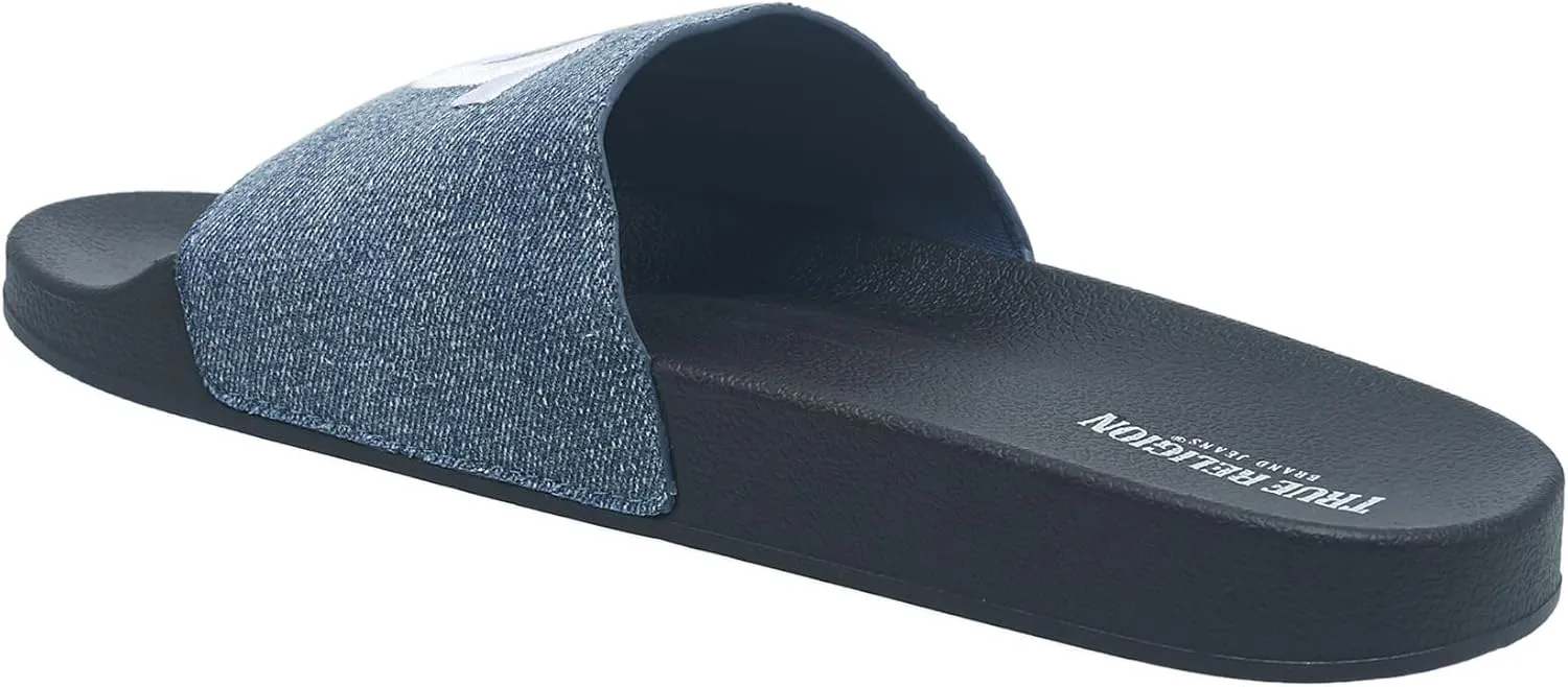 True Religion Men??s Logo Slide Sandals ?C Cushioned Comfort with Bold Horseshoe Strap