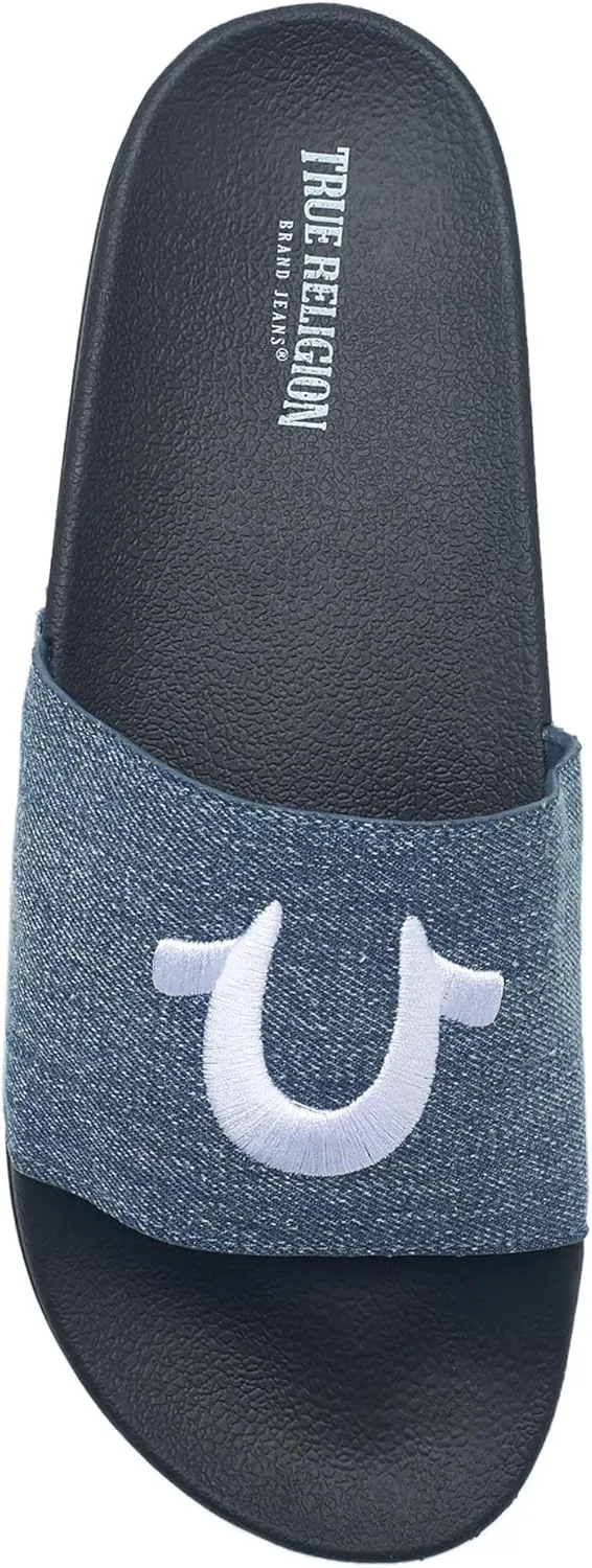 True Religion Men??s Logo Slide Sandals ?C Cushioned Comfort with Bold Horseshoe Strap