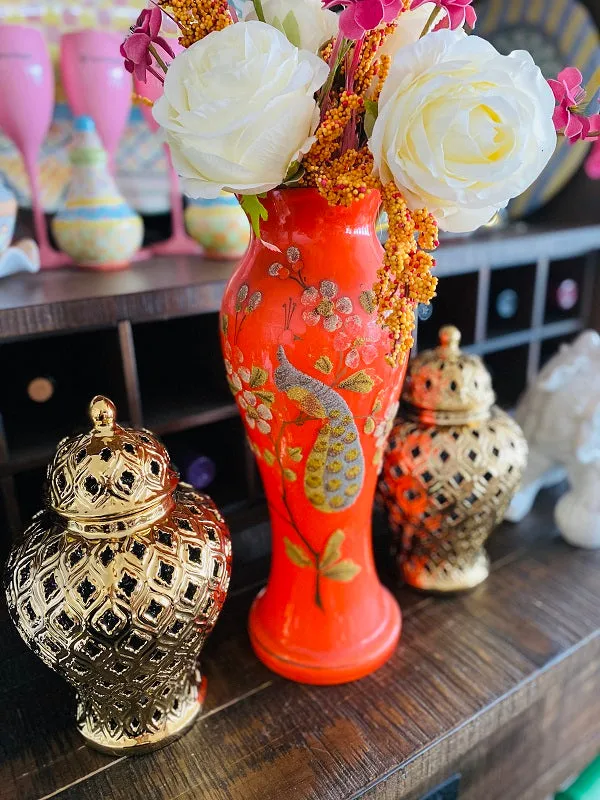 Vintage Czechoslovakian Bohemian Glass Vase with Sand Art Peacock Detail, Mid Century Modern