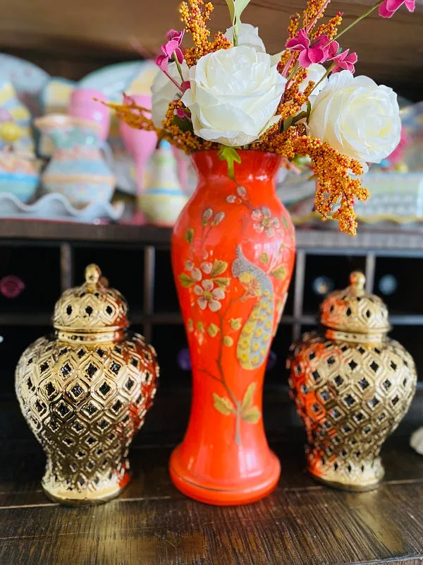 Vintage Czechoslovakian Bohemian Glass Vase with Sand Art Peacock Detail, Mid Century Modern