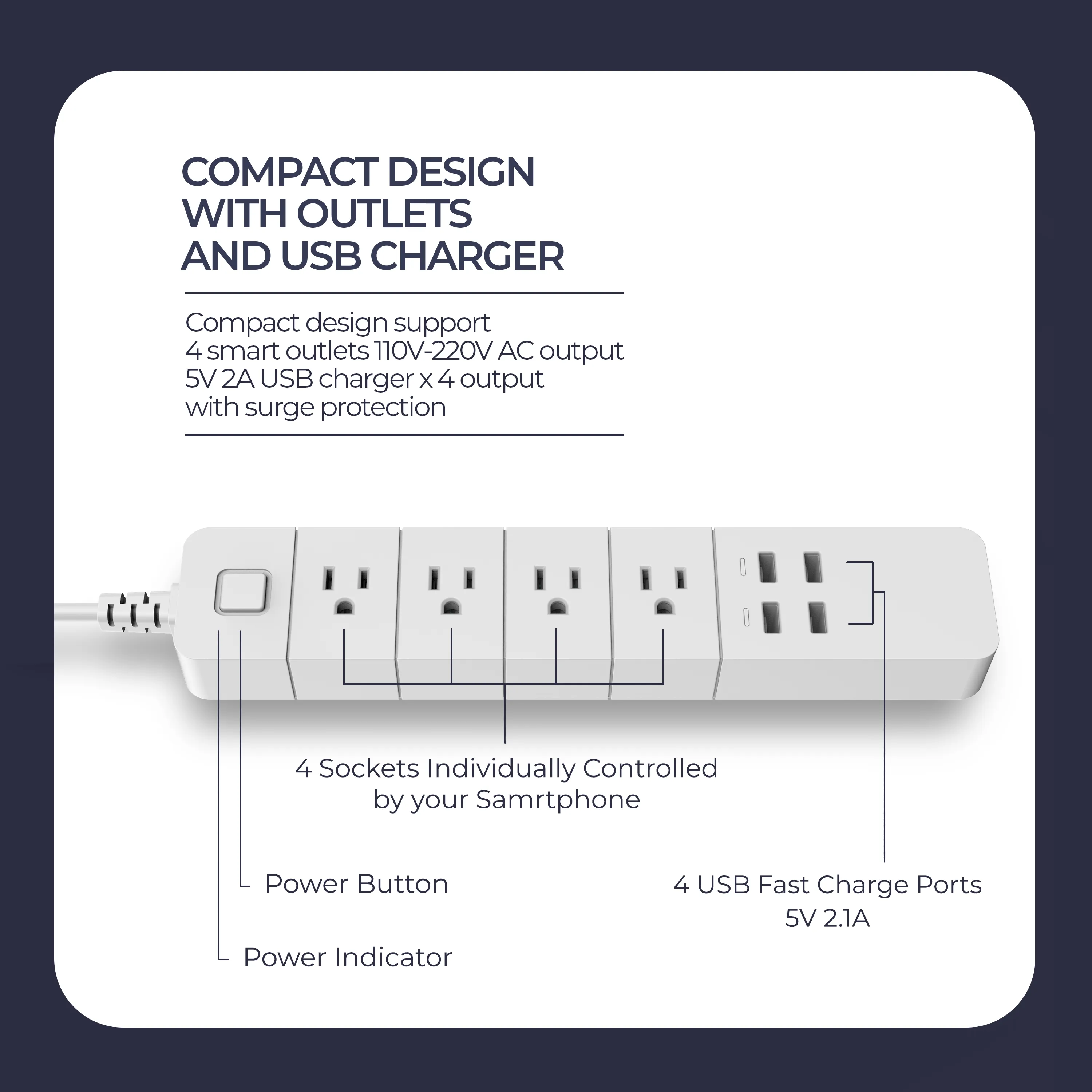 Wireless Smart Power Strip with Surge protection, Compatible with Alexa Google Home, no Hub required, controlled by eco4life app(4 Outlets, 4 USB Ports)